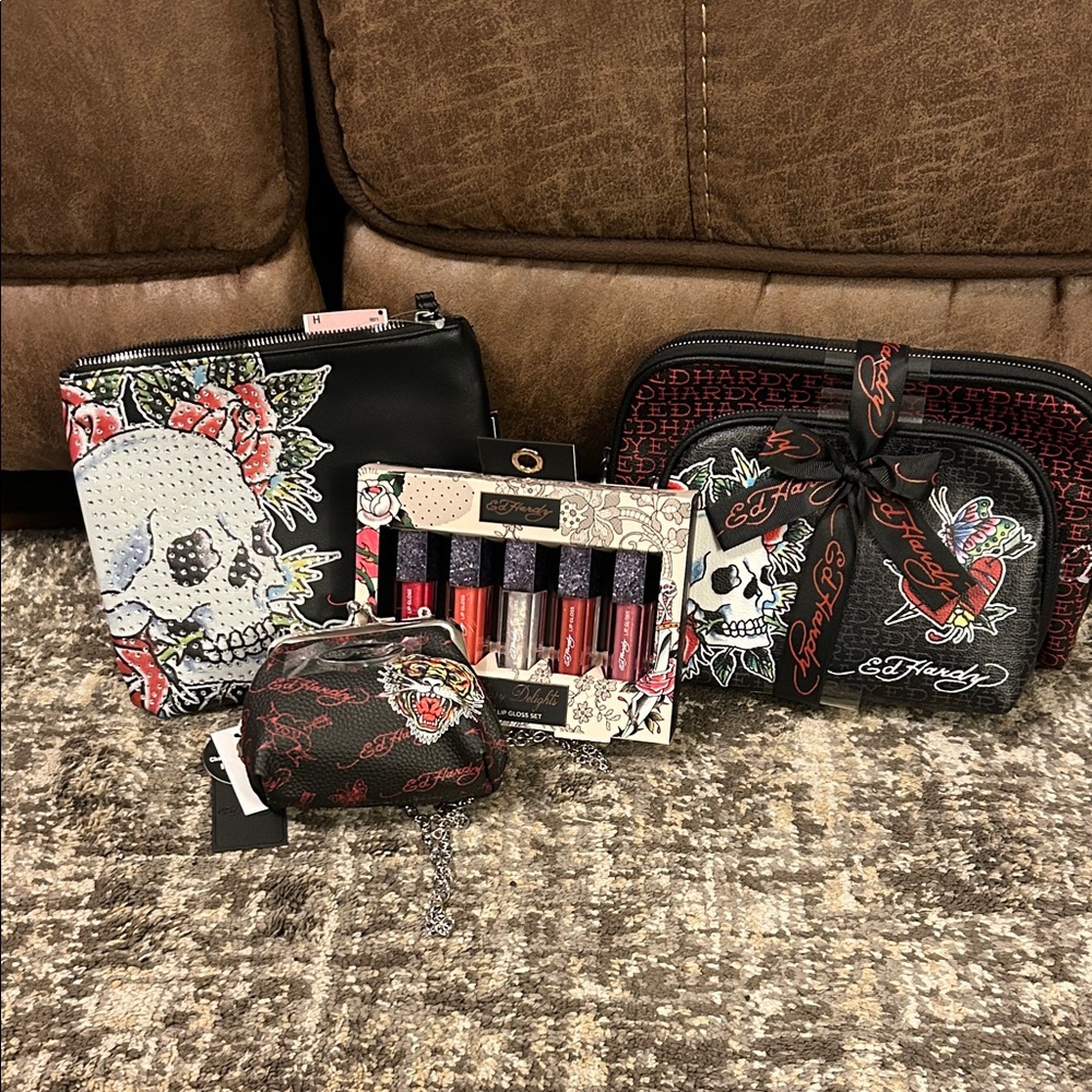 Ed Hardy Black & red Cosmetic Bag Collection, mini purse, lip gloss, & whistler